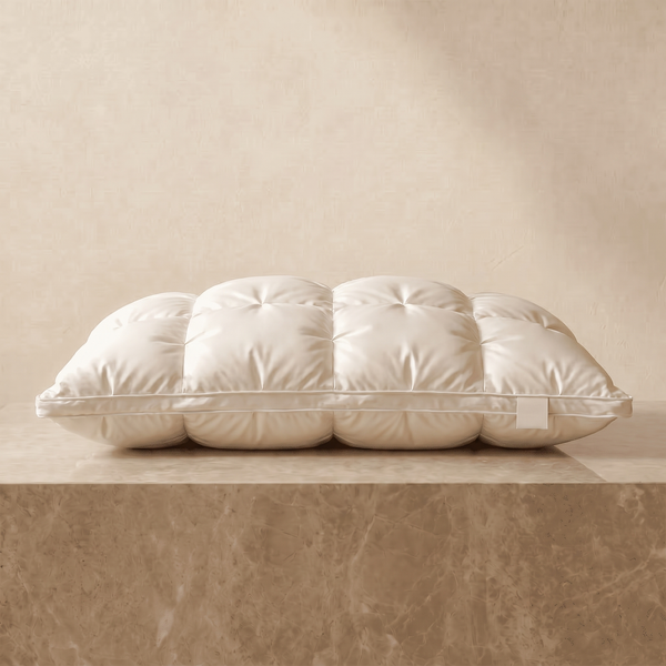 Down alternative pillow on a marble plinth, baffle-box construction