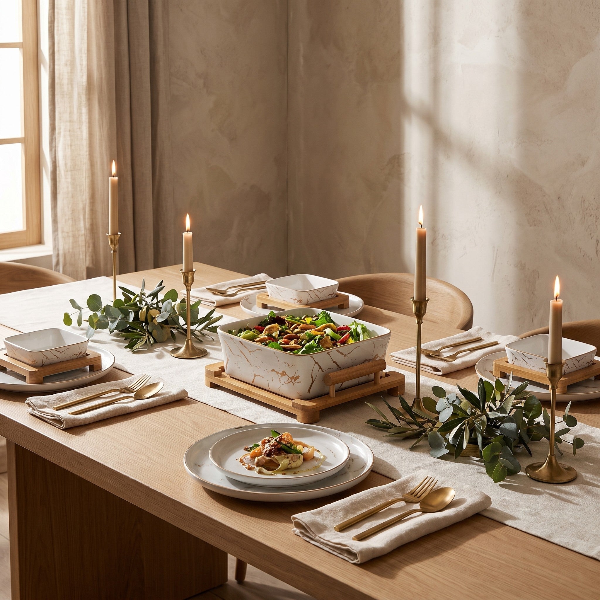 European Serving Bowl (White) styled in a fine-dining tablescape