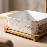 Close-up of the European Serving Bowl (White) gold marble glaze
