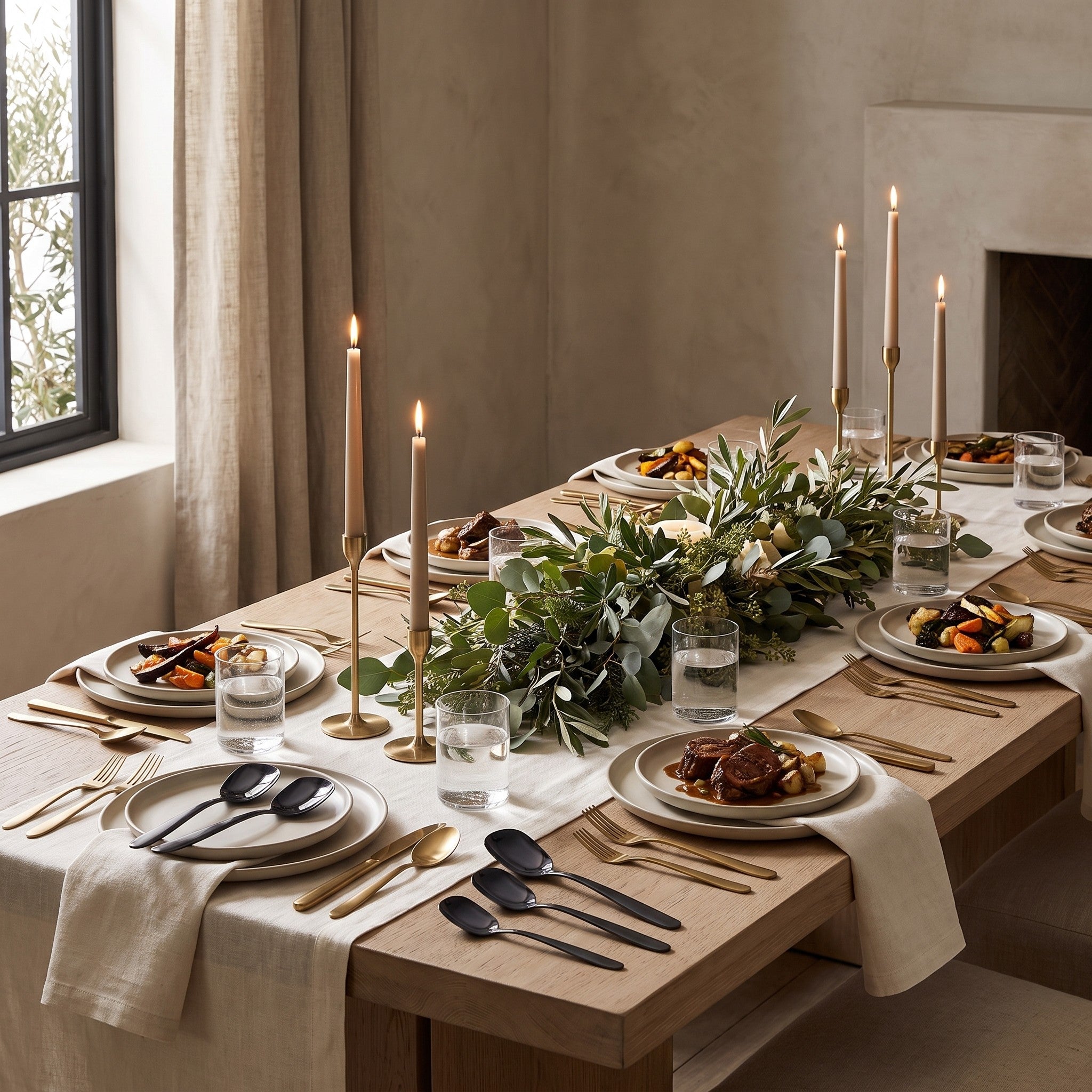 Singapore Serving Spoon in a fine-dining tablescape