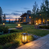 Cage Post Light (Outdoor Solar) spread across an estate lawn at dusk