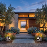 A matched pair of Rocky Light (Outdoor Solar) lighting a front entrance at dusk