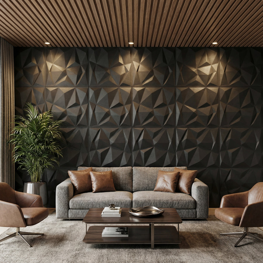 Diamond Fever Square 3D Leather Wall Panel in Black