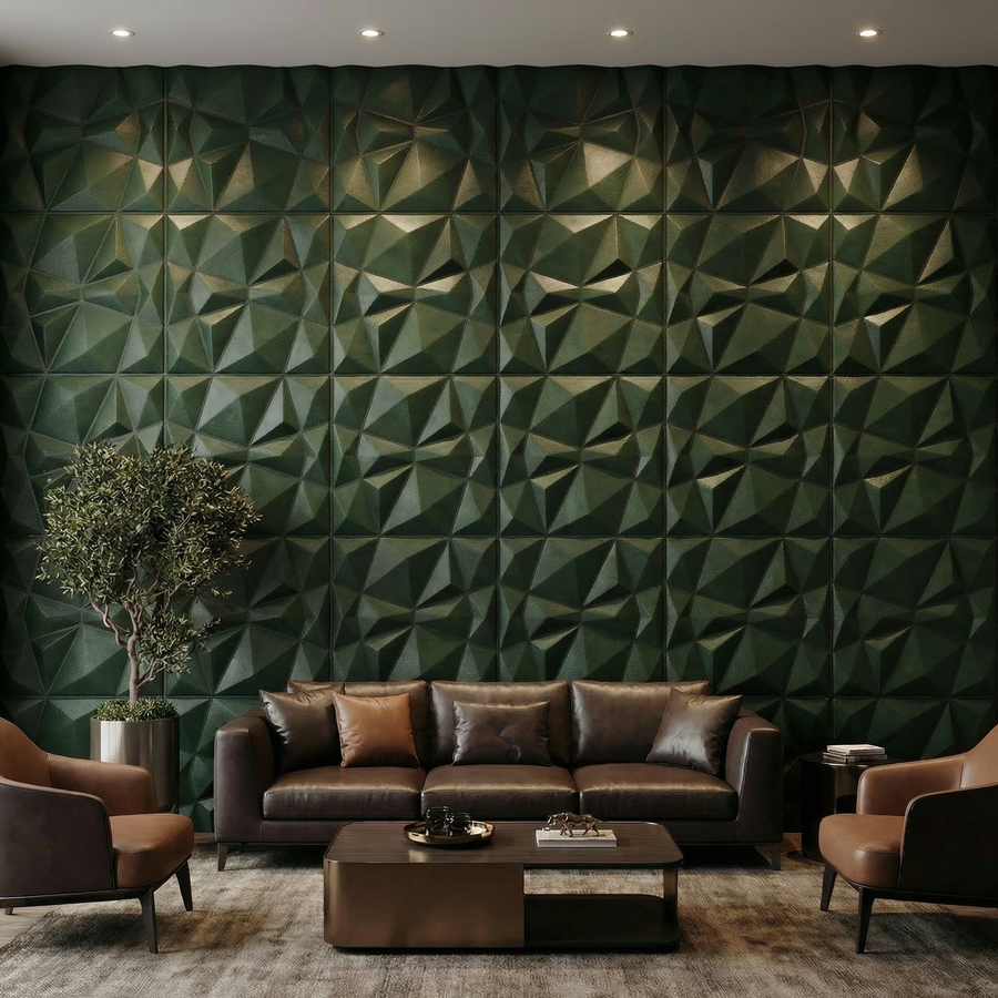 Diamond Fever Square 3D Leather Wall Panel in Forest Green