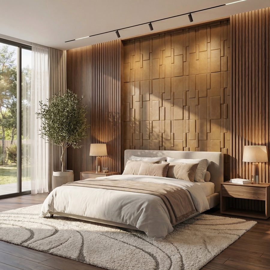 Flux Square 3D Leather Wall Panel in Golden Brown