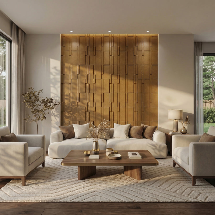 Flux Square 3D Leather Wall Panel in Golden Brown
