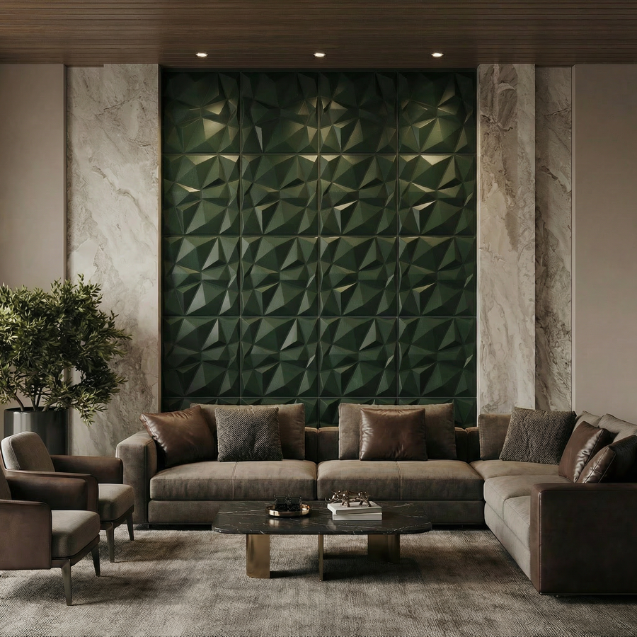 Diamond Fever Square 3D Leather Wall Panel in Forest Green