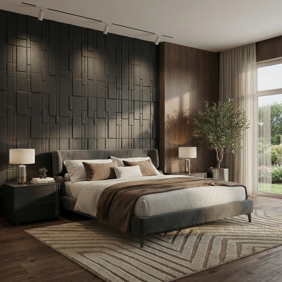 Flux Square 3D Leather Wall Panel in Black
