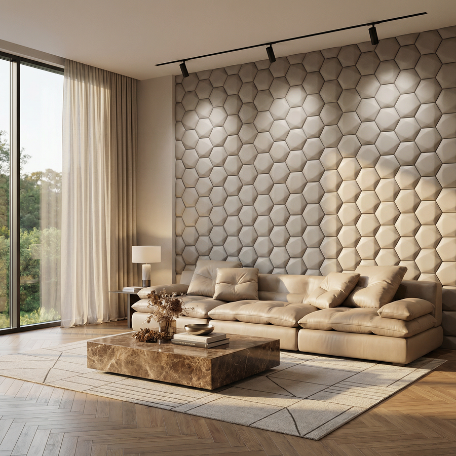 Trapezoid Hexagon 3D Leather Wall Panel in Classic White