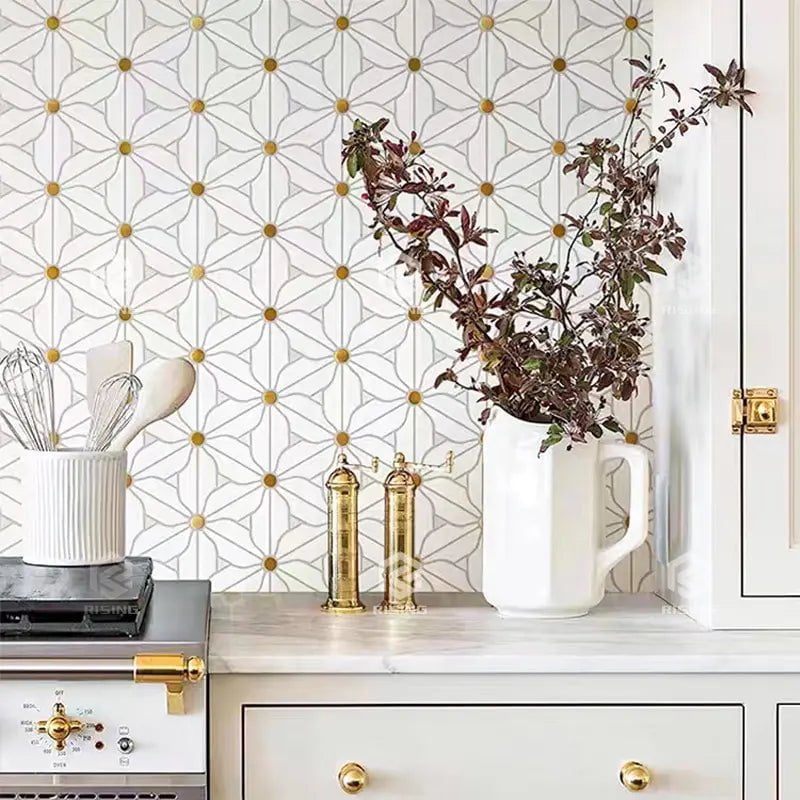 White and Gold Flower Mosaic Tiles – Articture