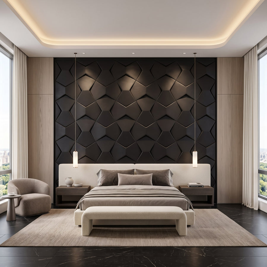 Bowtie Geometric 3D Leather Wall Panel in Black