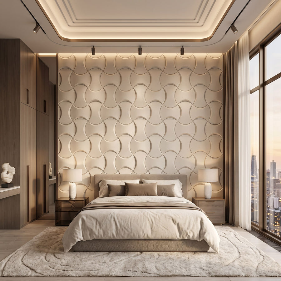 Coco Geometric 3D Leather Wall Panel in Beige White