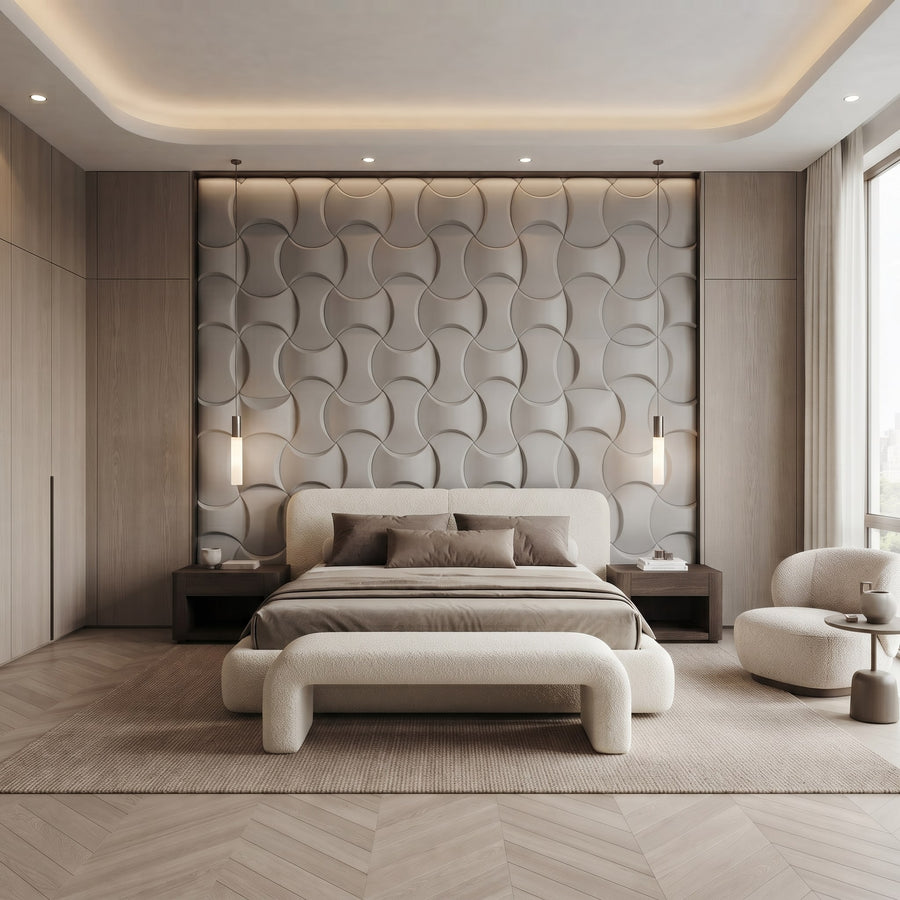 Coco Geometric 3D Leather Wall Panel in Light Grey