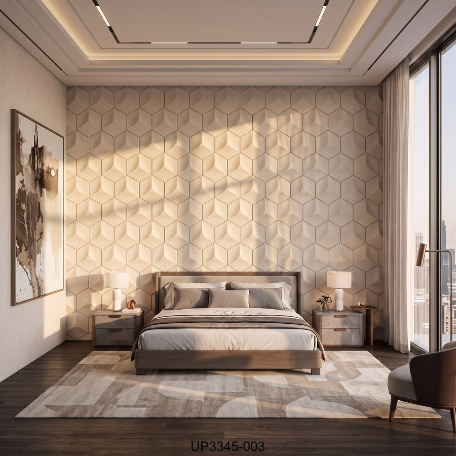 Cubed Hexagon 3D Leather Wall Panel in Beige White