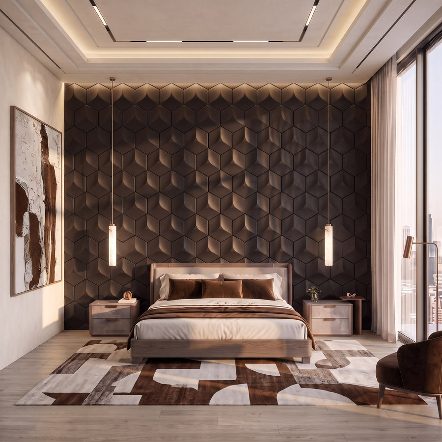 Cubed Hexagon 3D Leather Wall Panel in Dark Brown