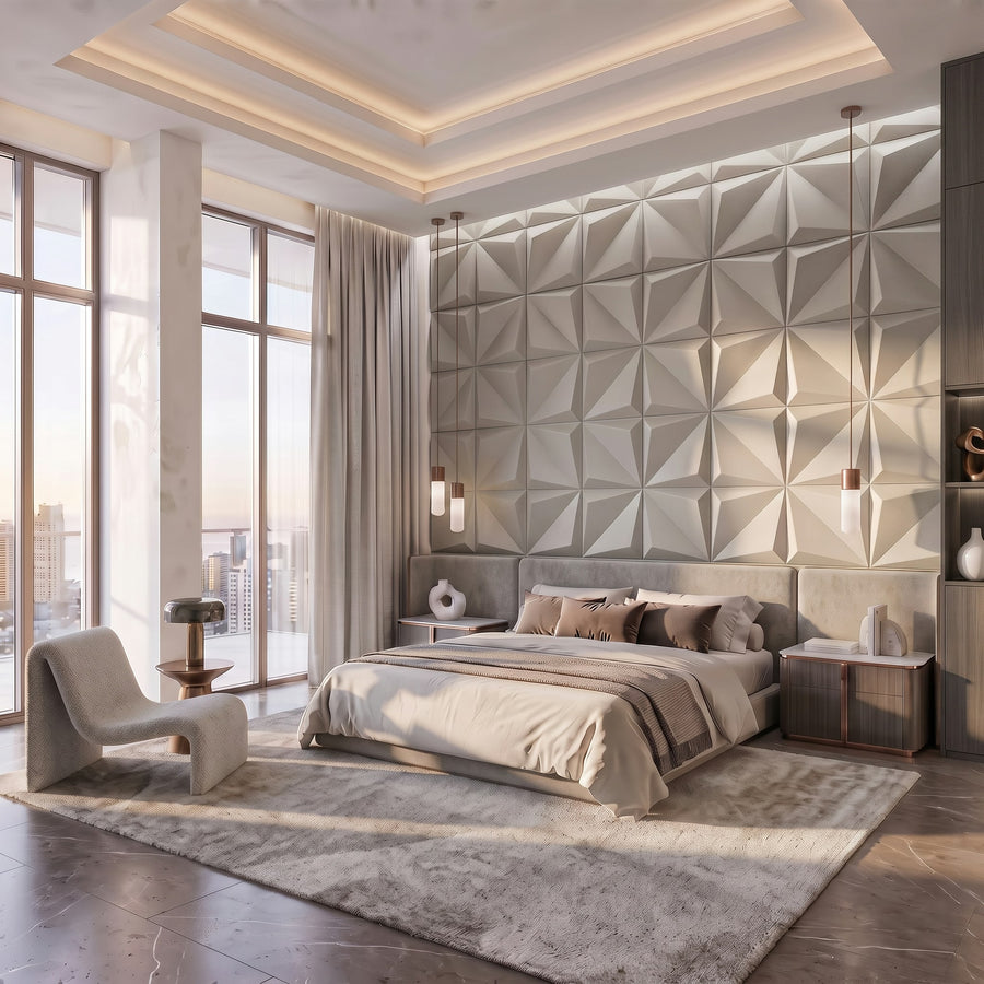 Leaves Square 3D Leather Wall Panel in Light Grey