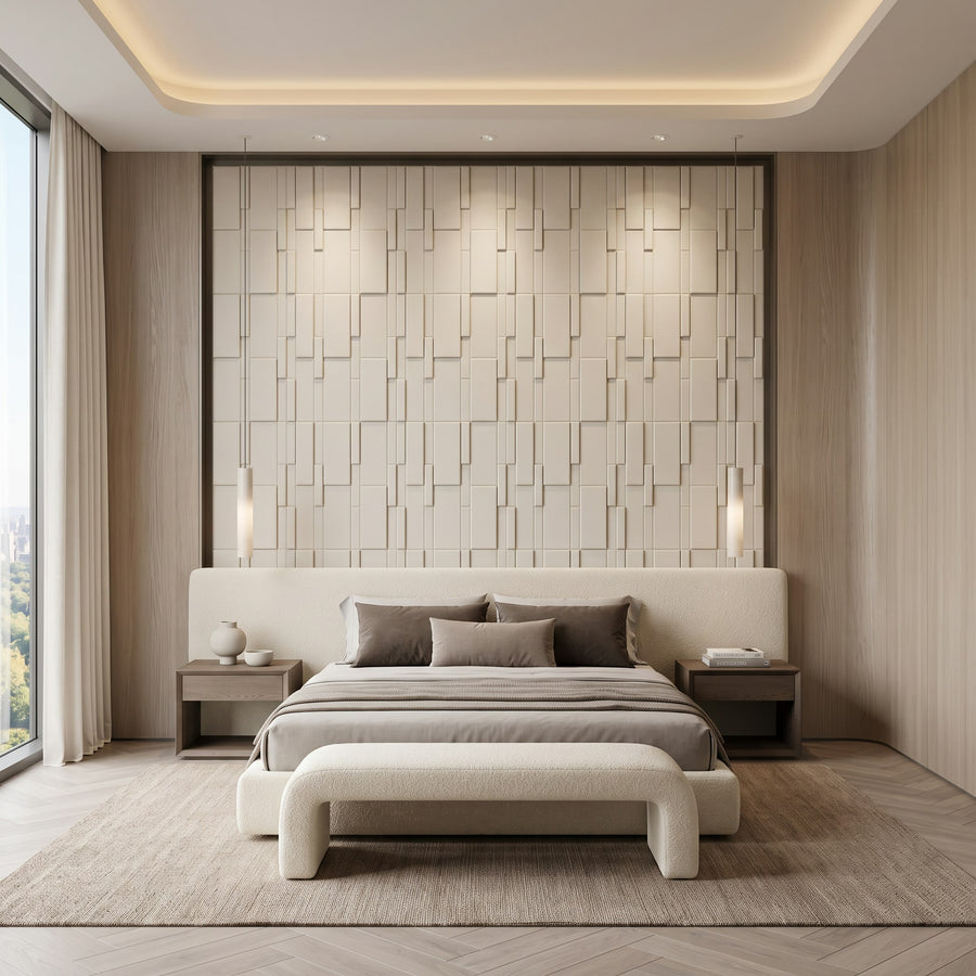 Flux Square 3D Leather Wall Panel in Beige White