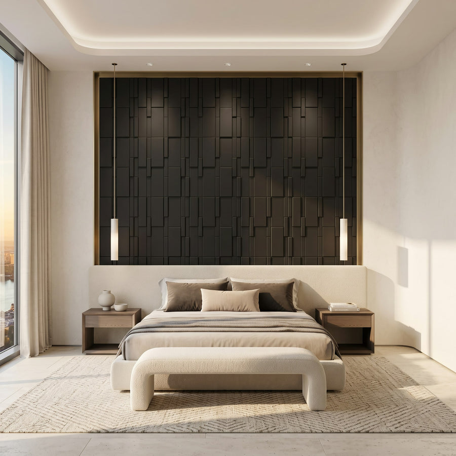 Flux Square 3D Leather Wall Panel in Black