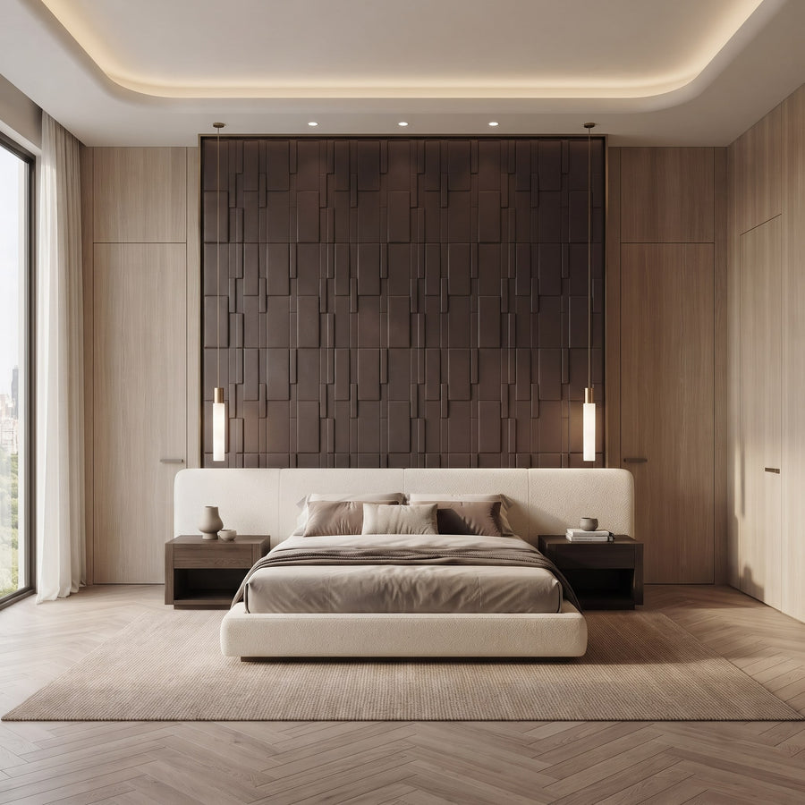 Flux Square 3D Leather Wall Panel in Dark Brown
