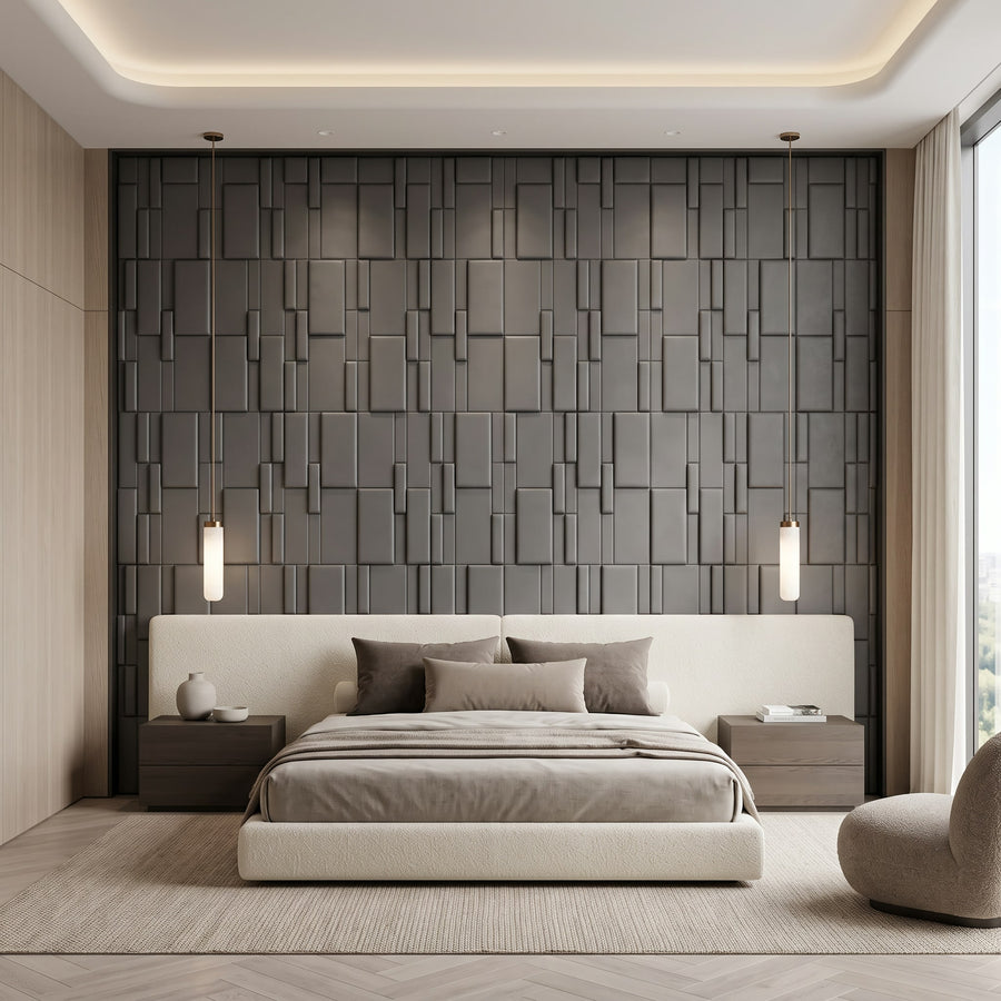 Flux Square 3D Leather Wall Panel in Charcoal Grey