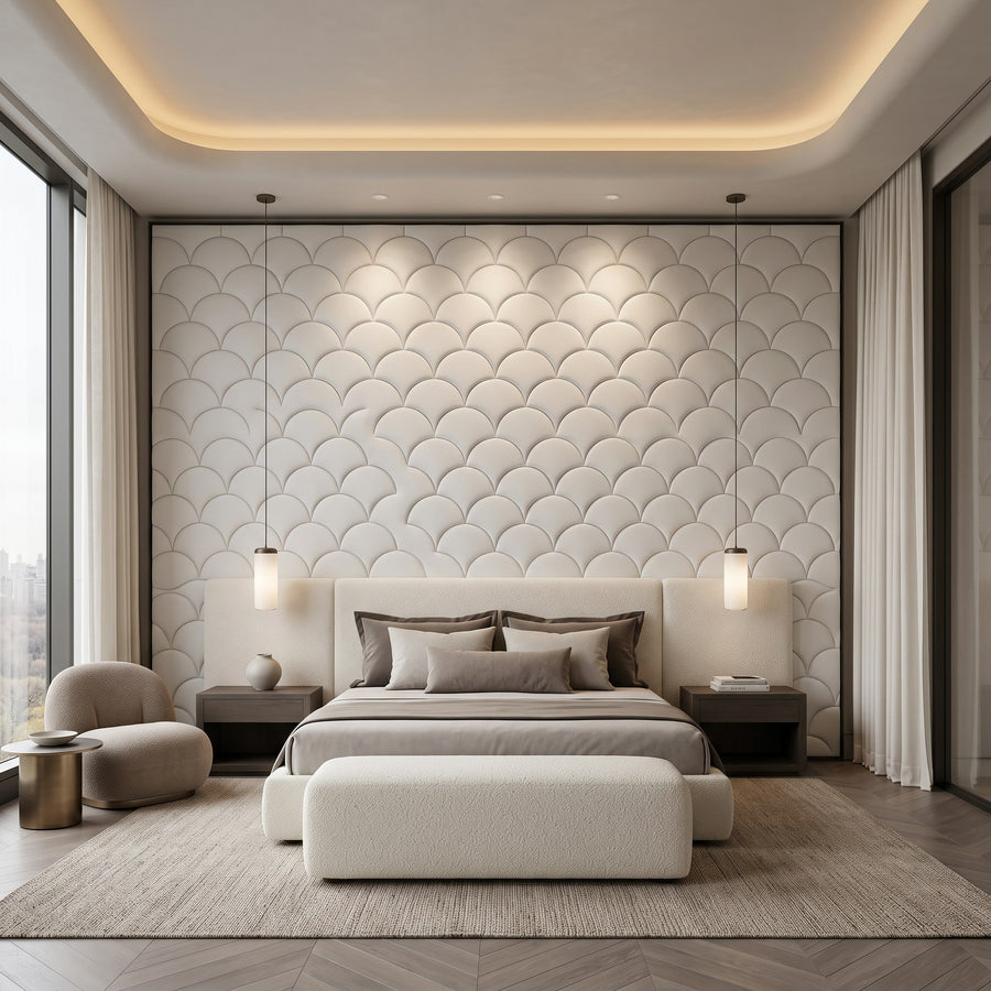 Mermaid Scales Geometric 3D Leather Wall Panel in Classic White