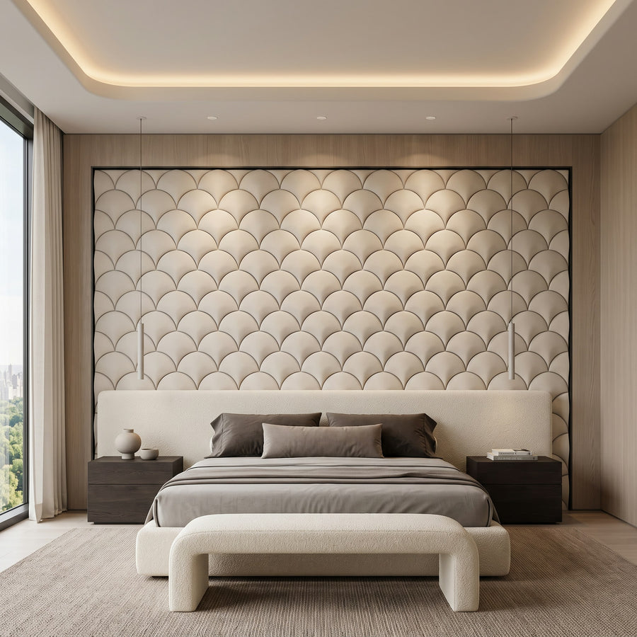 Mermaid Scales Geometric 3D Leather Wall Panel in Beige White
