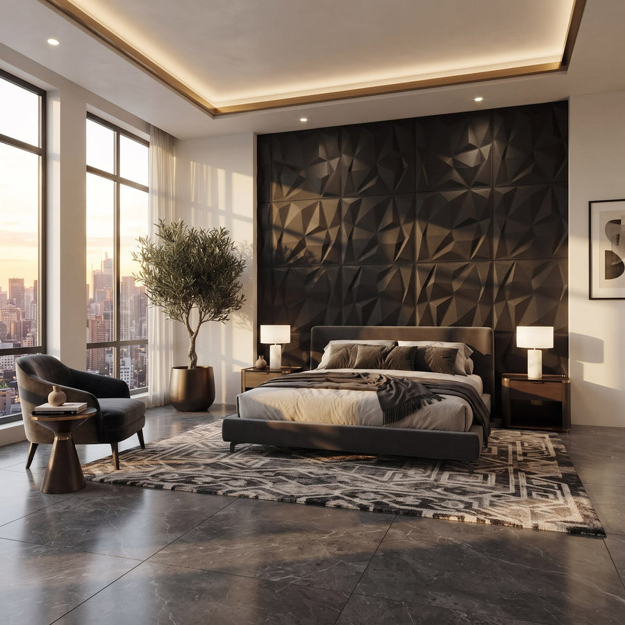 Diamond Fever Square 3D Leather Wall Panel in Black