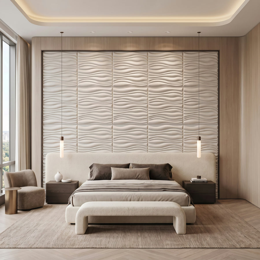 Gnarly Square 3D Leather Wall Panel in Beige White