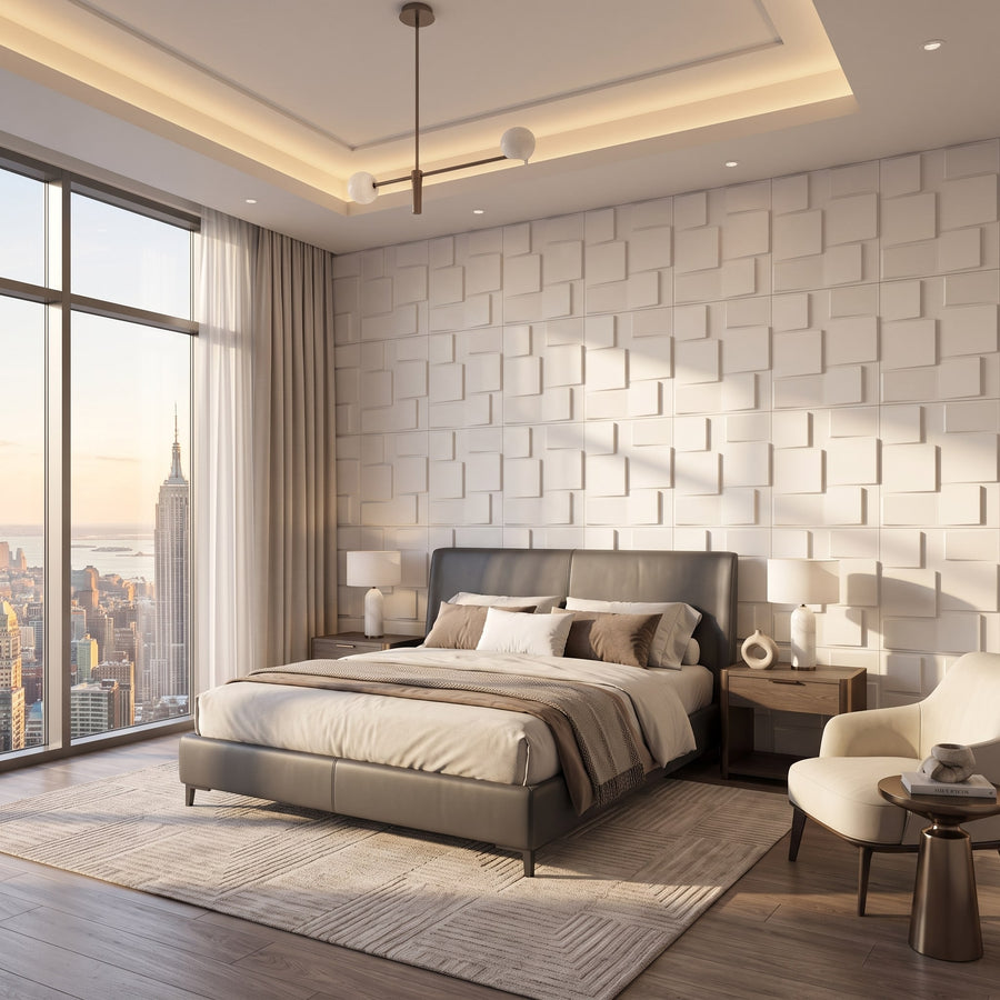 Rubik Square 3D Leather Wall Panel in Classic White