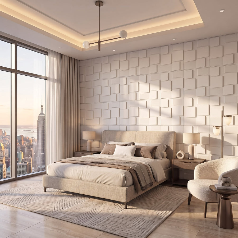 Rubik Square 3D Leather Wall Panel in Beige White