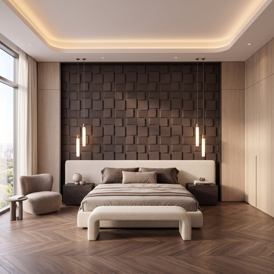 Rubik Square 3D Leather Wall Panel in Dark Brown