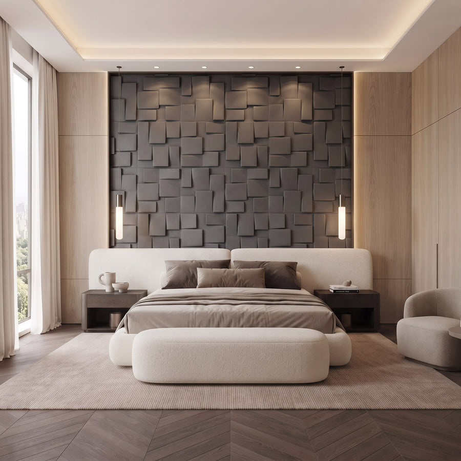 Rubik Square 3D Leather Wall Panel in Charcoal Grey