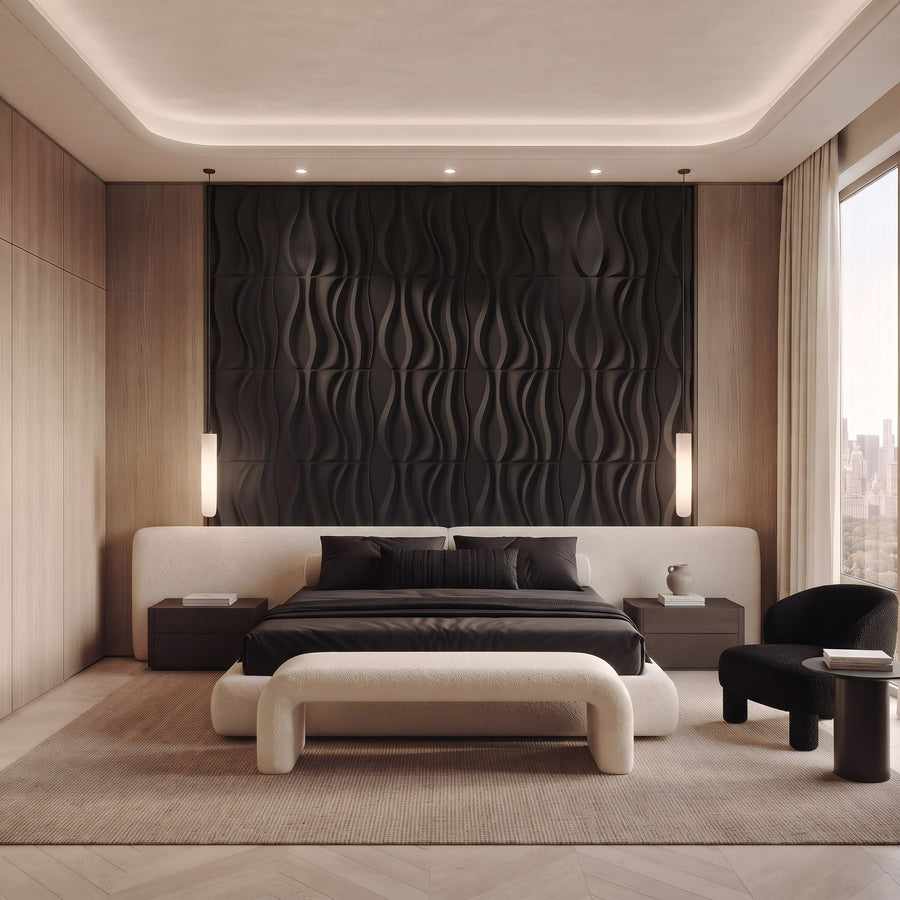 River Square 3D Leather Wall Panel in Black