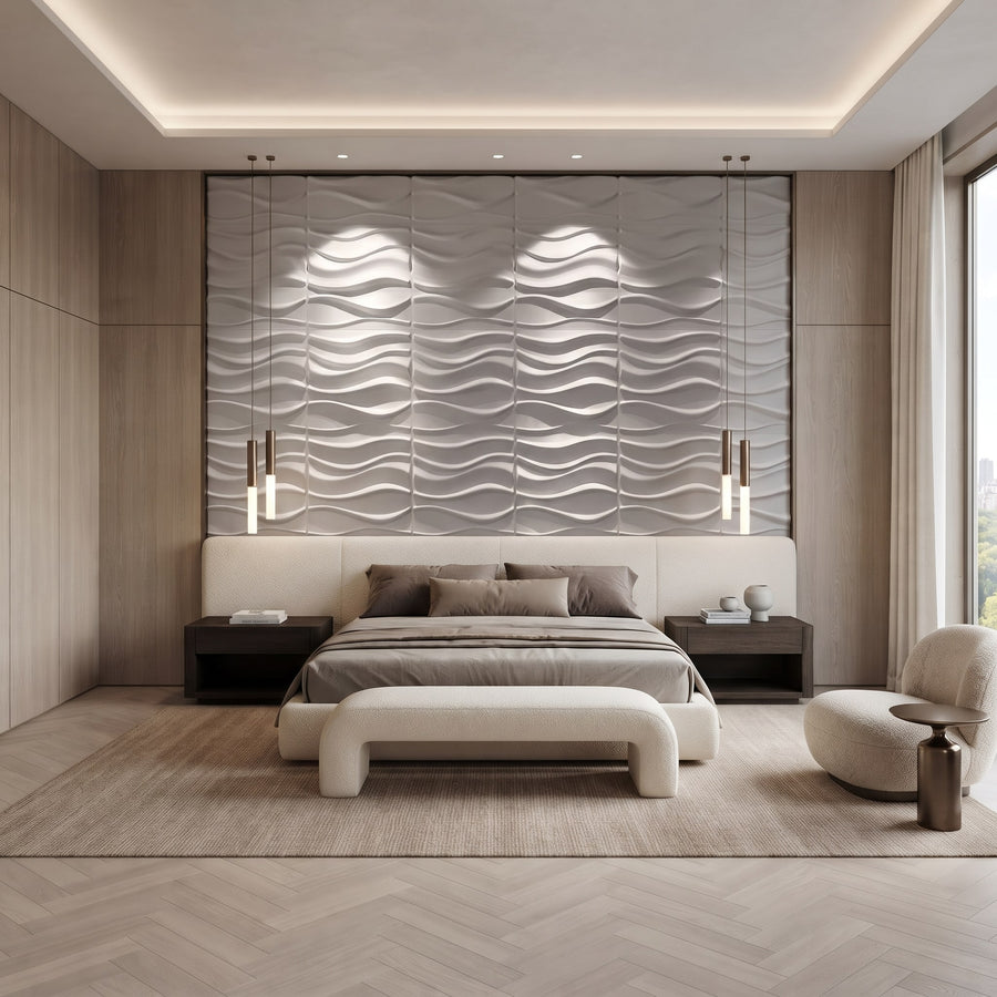 River Square 3D Leather Wall Panel in Light Grey