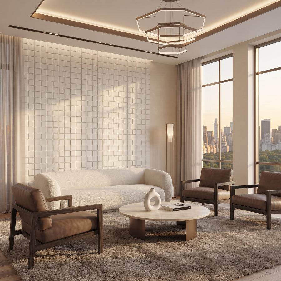 Tetris Square 3D Leather Wall Panel in Classic White