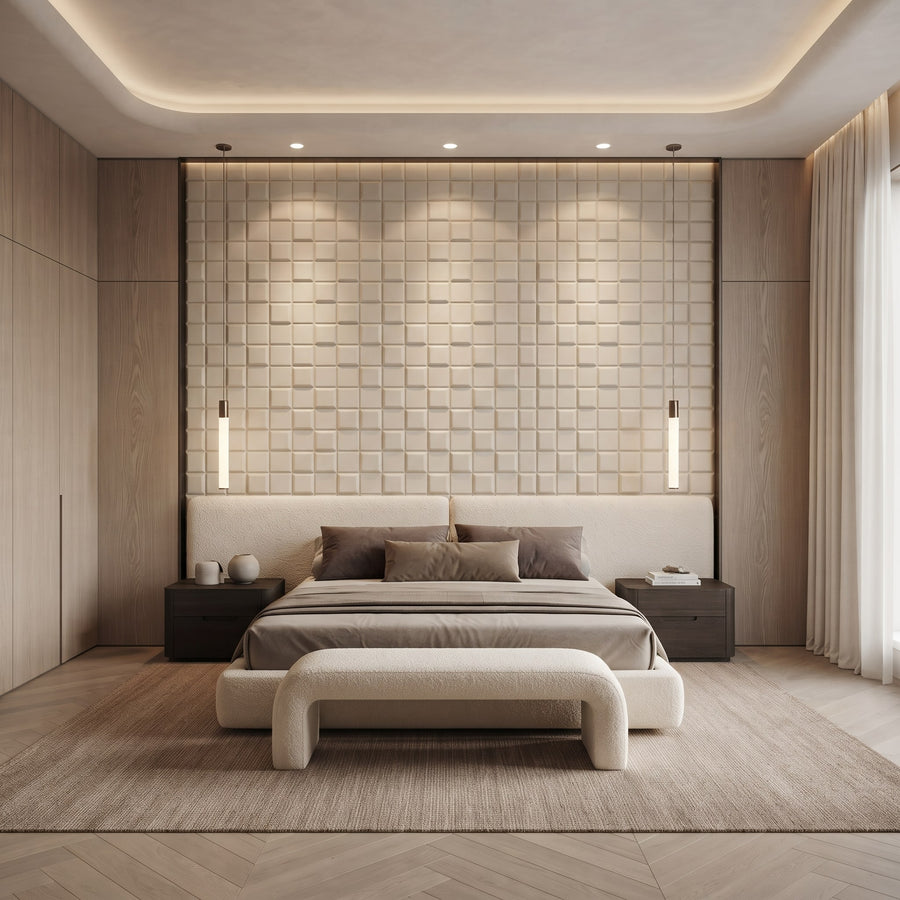 Tetris Square 3D Leather Wall Panel in Beige White