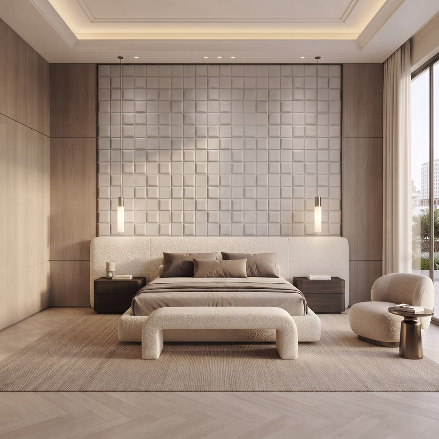 Tetris Square 3D Leather Wall Panel in Light Grey