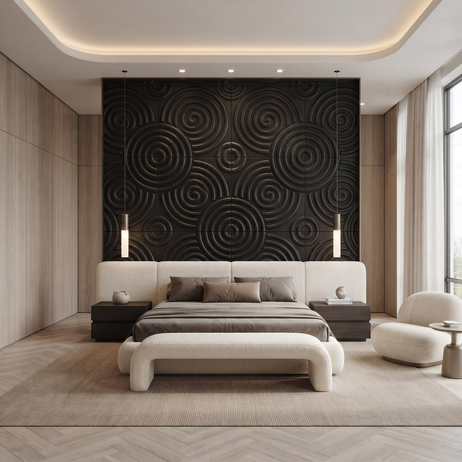 Hypnotized Square 3D Leather Wall Panel in Black