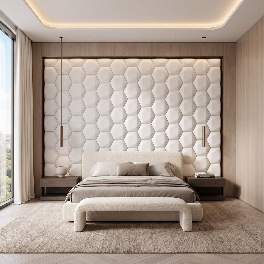 Trapezoid Hexagon 3D Leather Wall Panel in Classic White