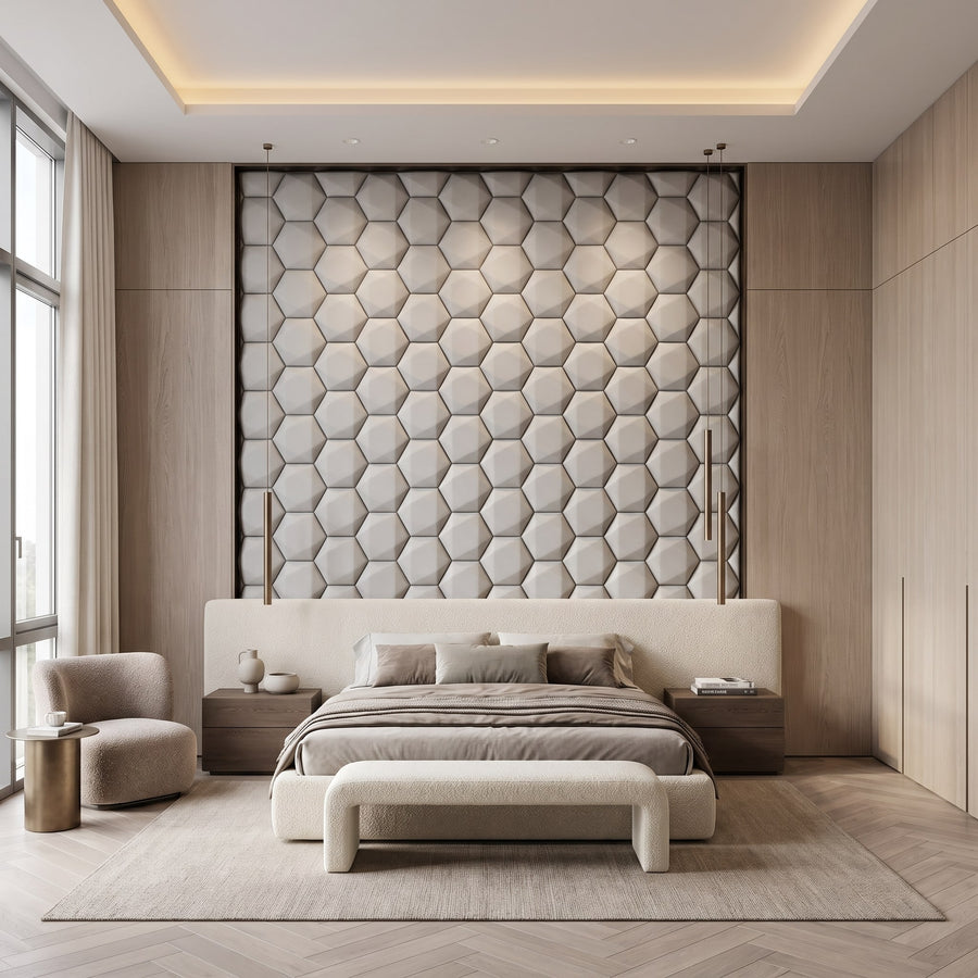 Trapezoid Hexagon 3D Leather Wall Panel in Light Grey