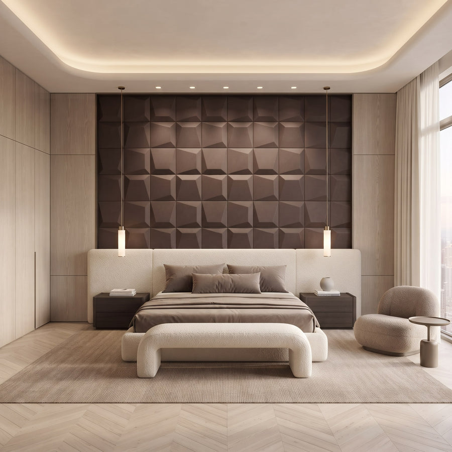 Mosaic Square 3D Leather Wall Panel in Dark Brown