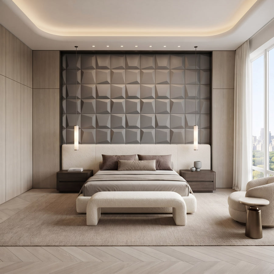 Mosaic Square 3D Leather Wall Panel in Grey