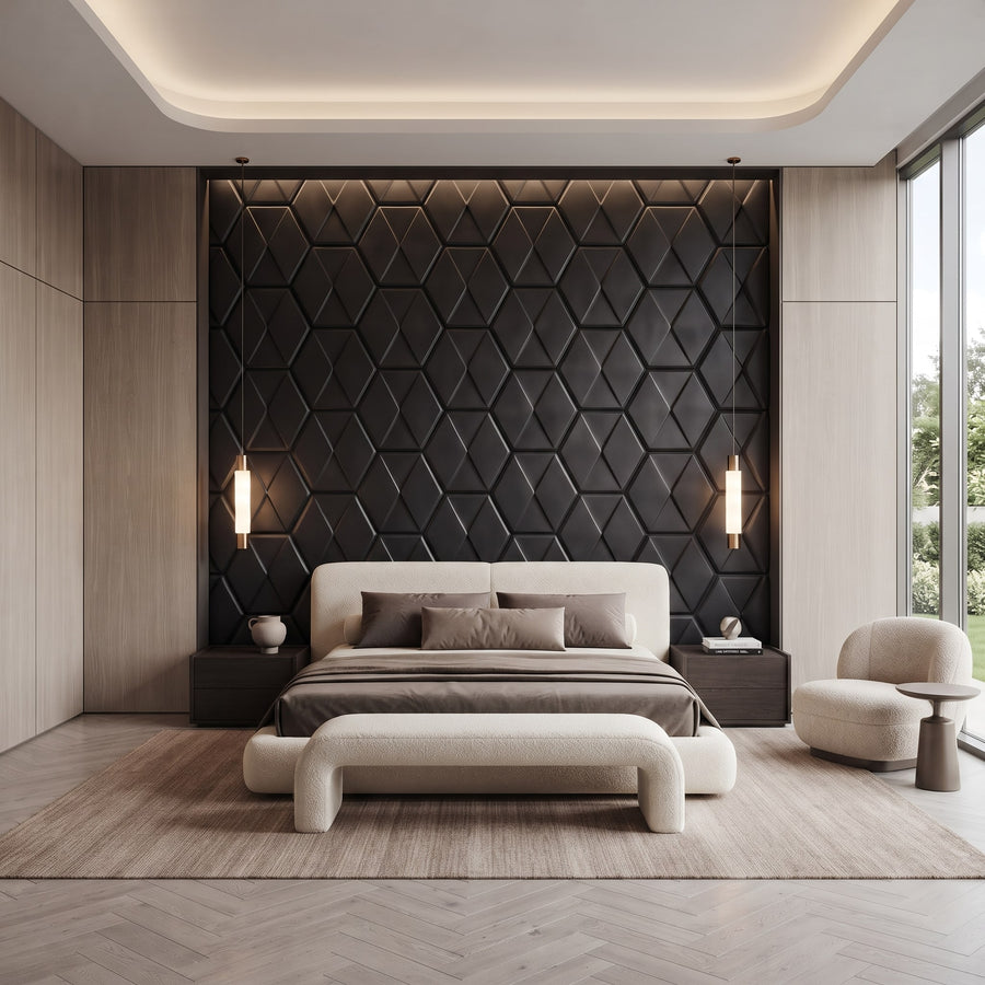 Diamond Tile Hexagon 3D Leather Wall Panel in Black