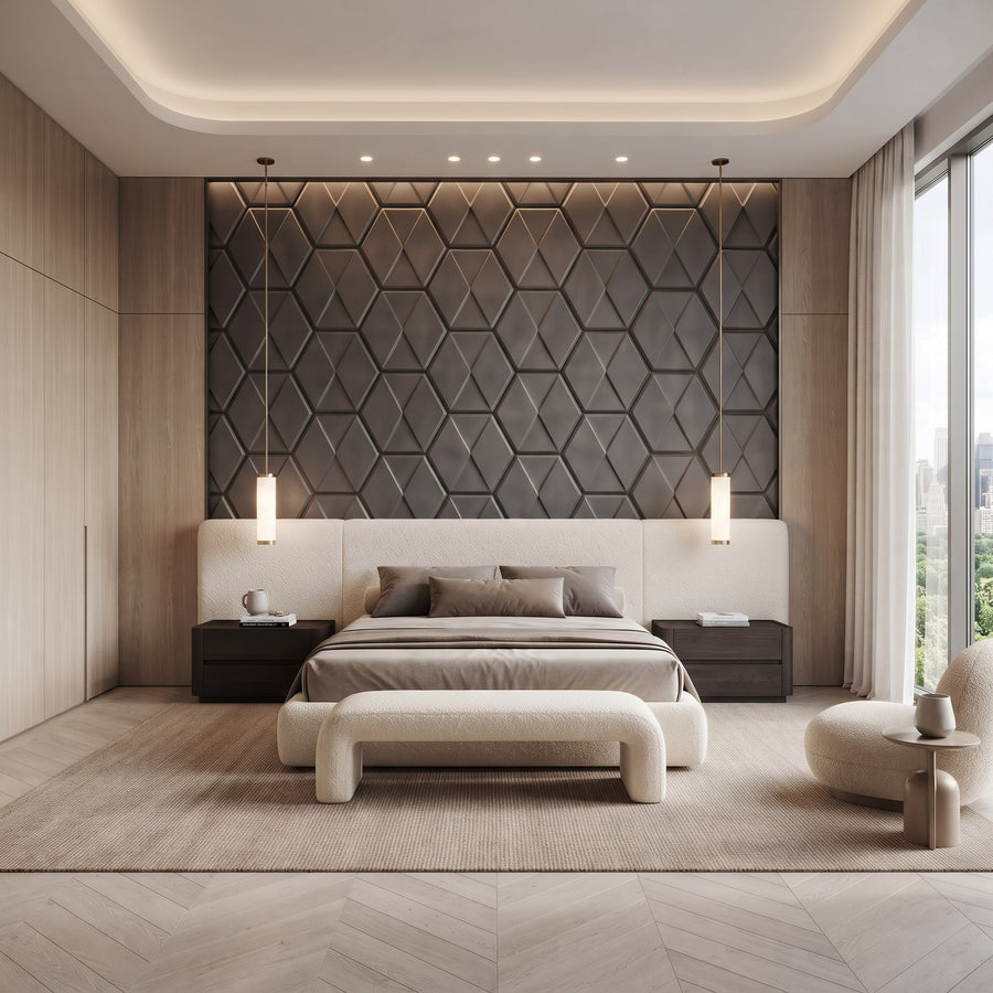 Diamond Tile Hexagon 3D Leather Wall Panel in Charcoal Grey