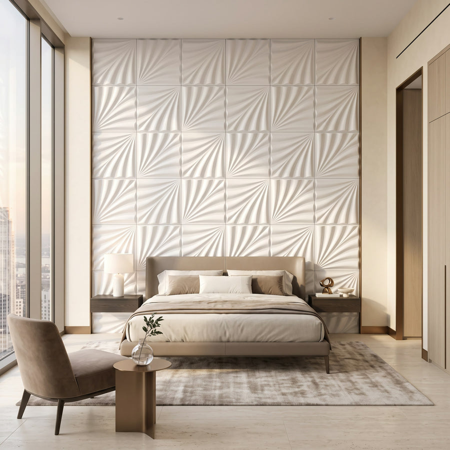 Rays Square 3D Leather Wall Panel in Classic White