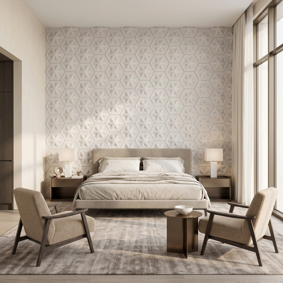 Asterisk Hexagon 3D Leather Wall Panel in Classic White