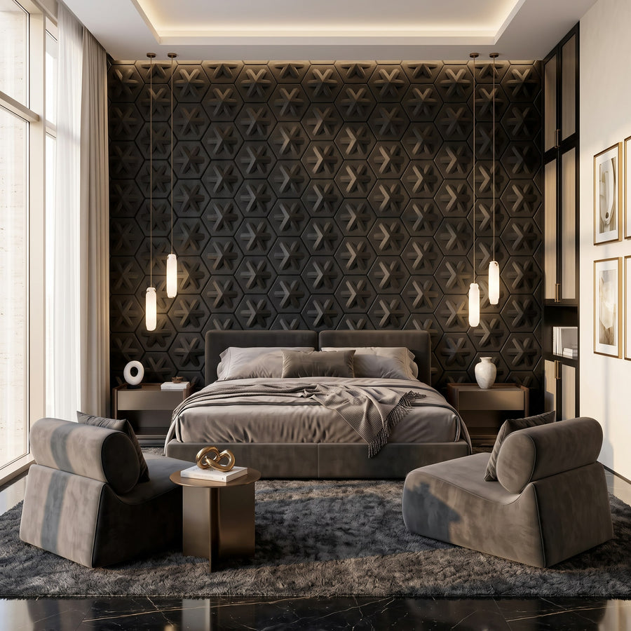Asterisk Hexagon 3D Leather Wall Panel in Black