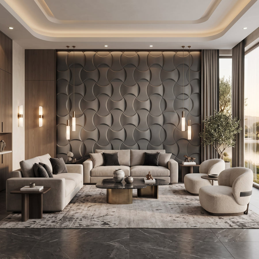 Coco Geometric 3D Leather Wall Panel in Charcoal Grey