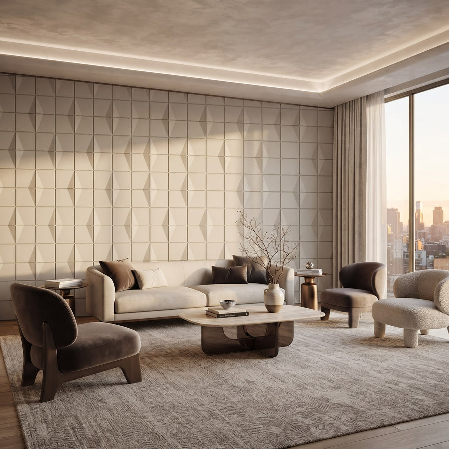 Flawless Square 3D Leather Wall Panel in Beige White