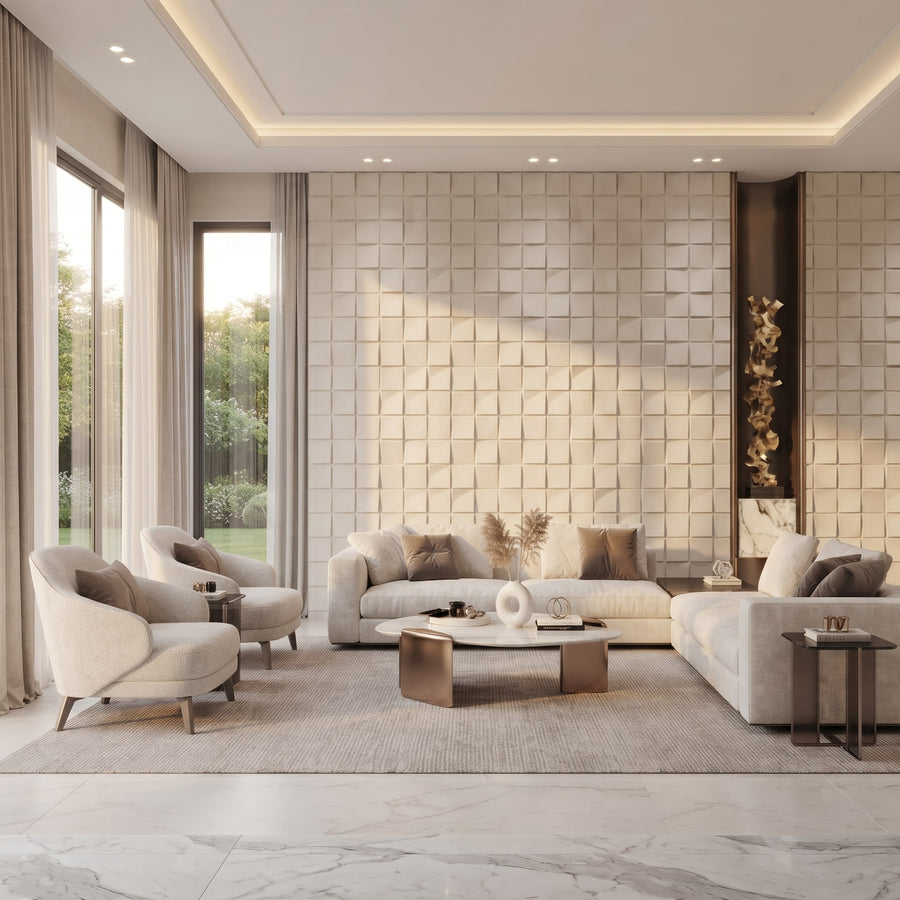 Ubiquitous Square 3D Leather Wall Panel in Beige White